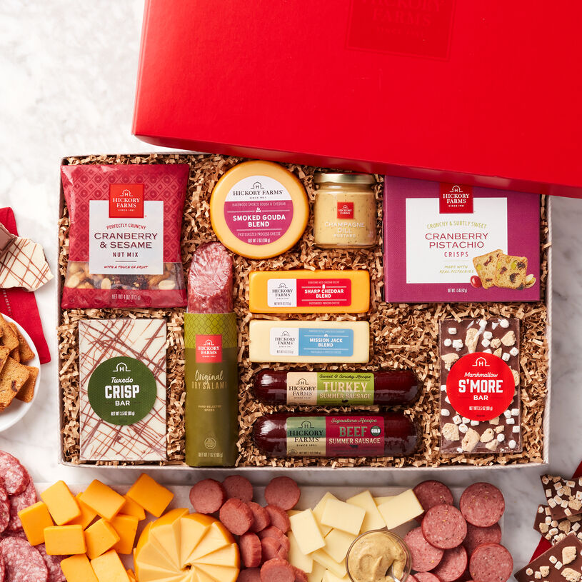 Premium Charcuterie & Chocolate Gift Box includes beef sausage, salami, turkey, mustard, various cheeses, and chocolates