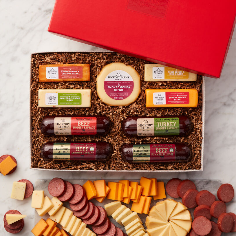 Cheese and Sausage Lover's Gift Box includes various beef sausages, sweet and smokey turkey sausage, and various cheeses