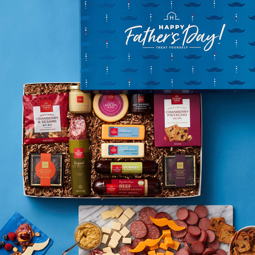 Father's Day box with Signature Beef & Smoky Turkey Summer Sausages, Dry Salami, various cheeses, Hot Pepper Bacon Jam, Smoky Onion Mustard, crackers, mixed nuts, and chocolate.