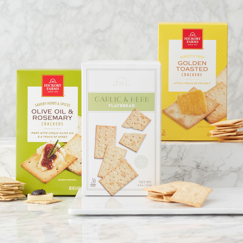 This flight includes herbed Olive Oil & Rosemary Crackers, classic Golden Toasted Crackers, and sweet and salty Cranberry Pistachio Crisps. 