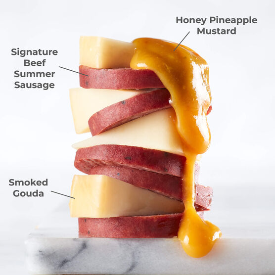 Smoked Gouda paired with Beef Summer Sausage and Honey Pineapple Mustard