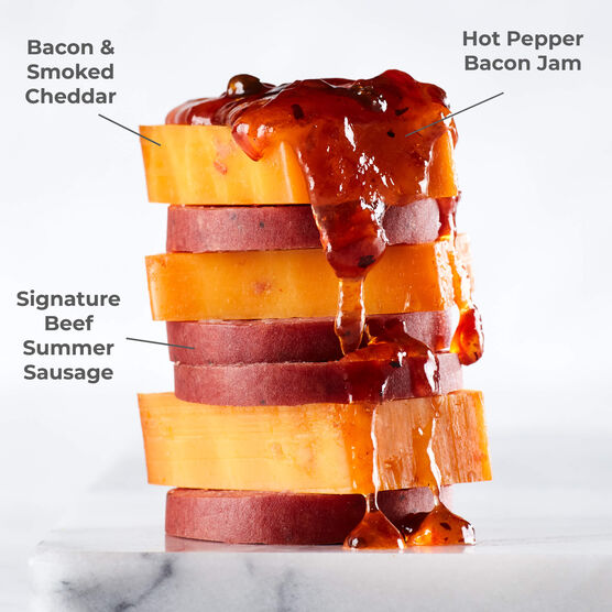 Bacon & Smoked Cheddar Blend paired with Beef Summer Sausage and Hot Pepper Bacon Jam