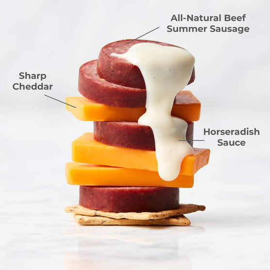 Horseradish Sauce paired with All Natural Beef Summer Sausage and Sharp Cheddar Blend