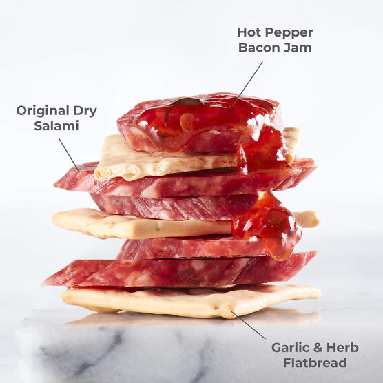 Original Dry Salami paired with Hot Pepper Bacon Jam and Garlic & Herb Flatbread