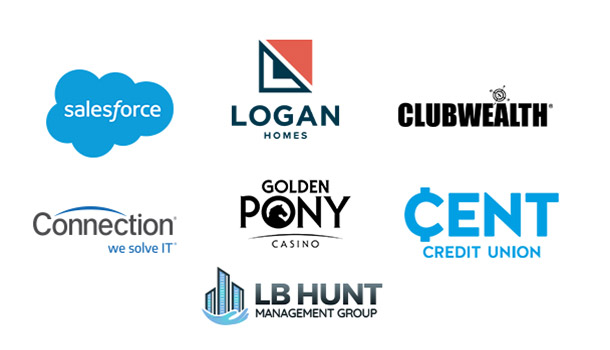 Clients served company logos include: Salesforce, Logan Homes, Clubwealth, Connection, Golden Pony Casino, Cent Credit Union, & LB Hunt Management Group